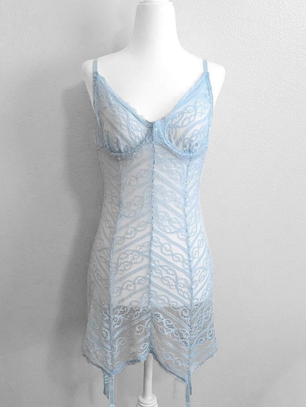 Dreamgirl Baby Blue Sheer V-Neck Lace Slip Dress with Stocking Holders | Size XL